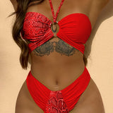 Glamorous Snakeskin Print Halter Bikini Set - Ring-Linked Detail, High Cut Swimsuit for Women - Fashionable 2-Piece Swimwear Ensemble
