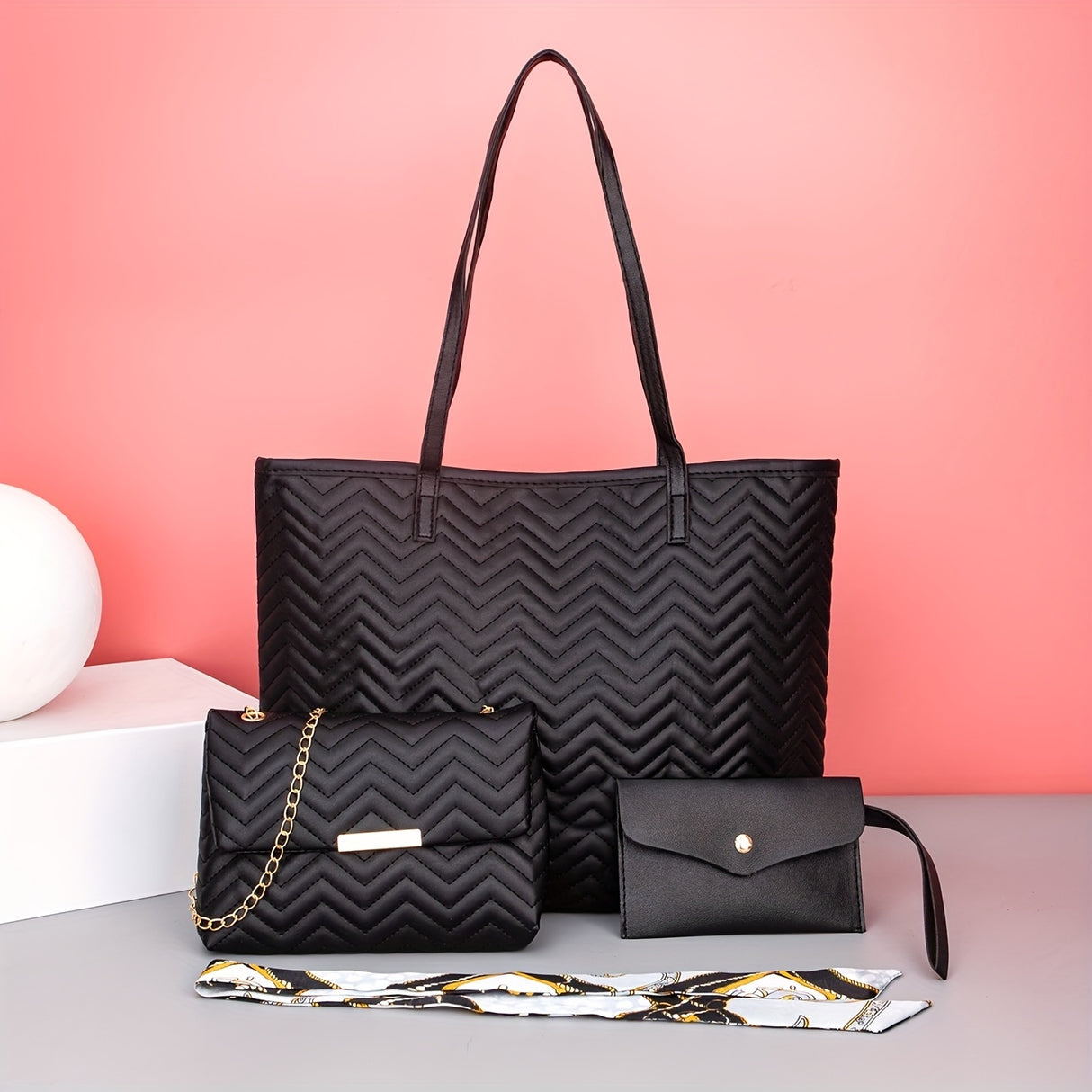 Quilted Detail Tote Bag Set: Classic Shoulder Chain Bag, Crossbody Purse with Scarf Decor