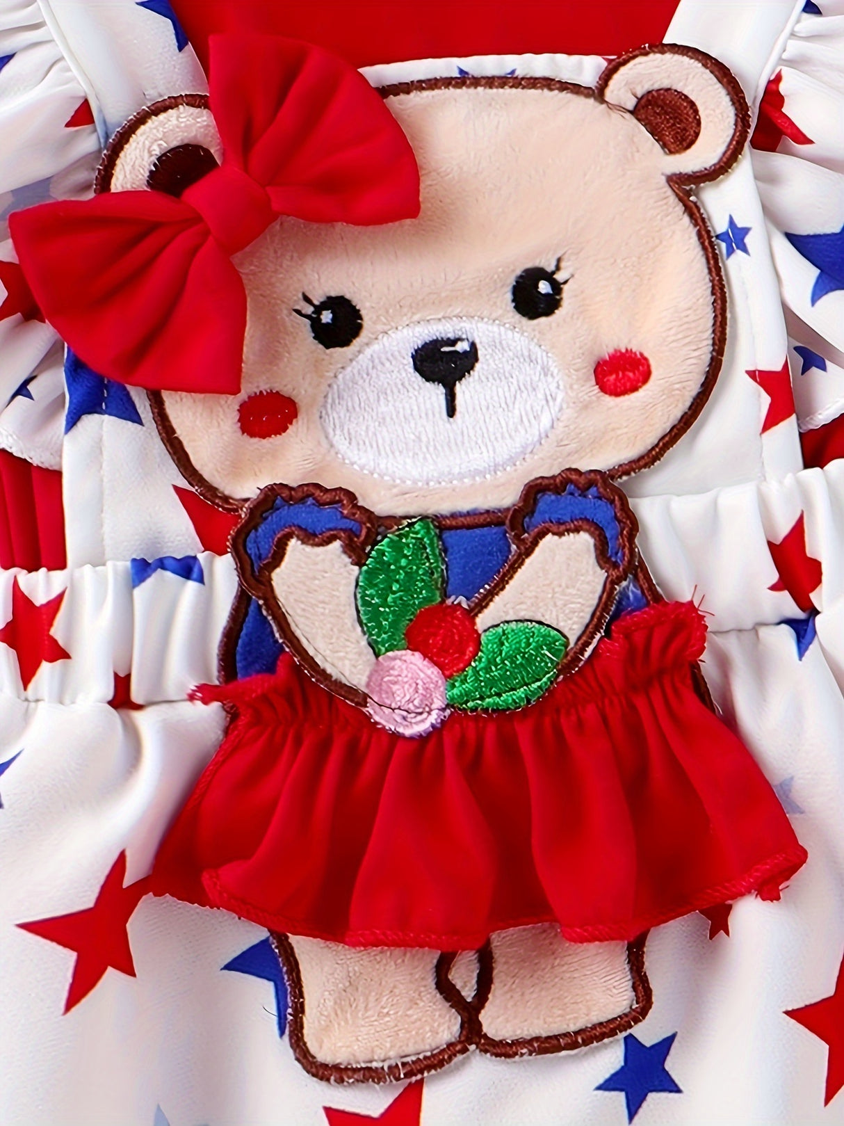 Baby Girl Newborn Romper with Red Head Knot, Short Sleeve, Star Print Bear Embroidery & Sling Skirt - Cotton Blend, Cute Style, Summer Wear, 0-18 Months, Perfect for Outdoor