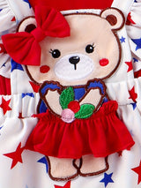 Baby Girl Newborn Romper with Red Head Knot, Short Sleeve, Star Print Bear Embroidery & Sling Skirt - Cotton Blend, Cute Style, Summer Wear, 0-18 Months, Perfect for Outdoor