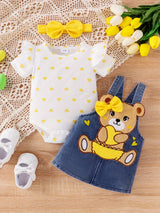 Baby Girl Outfit Summer Cute Strap Dress Set Headknot + Love Printed Climbing Clothes + Cowboy Bear Embroidered Strap Dress Three Piece Set With 0-18 Months, for Outdoor