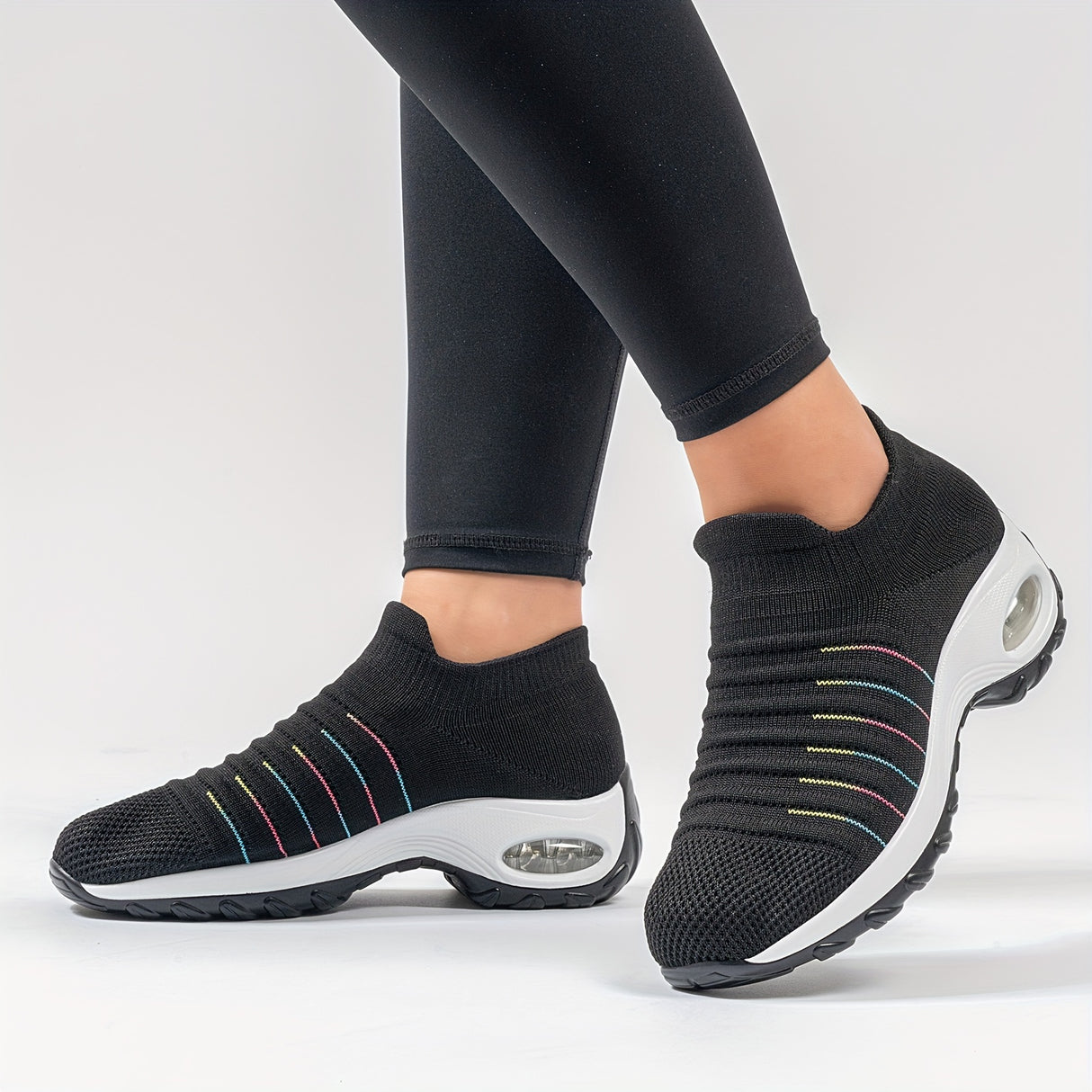 SOSENFER Women's 2089 Breathable Knit Running Shoes - Low-Top Slip-On Design, All-Season Comfort with PU Cushioned Sole for Gym, Jogging & Casual Wear (Black/White)