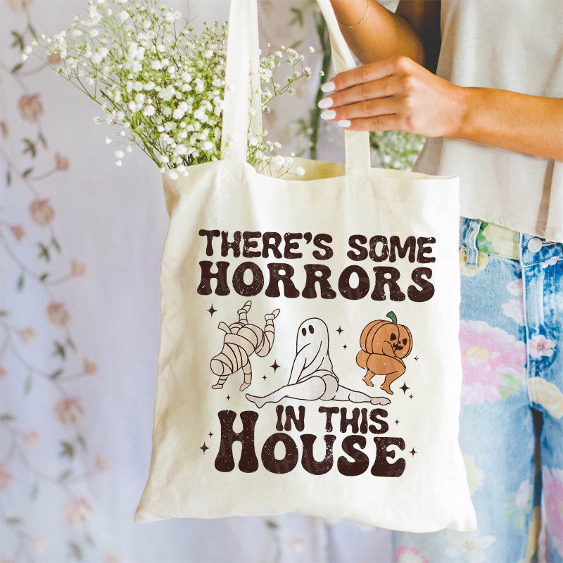 Ghost Skull Pumpkin Print Tote Bag, There's Some Horrors In This House Pattern Shoulder Bag, Lightweight Shopper Bag Halloween Gift