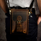 Genuine Crazy Horse Leather Unisex Crossbody Sling Waist Bag, Retro Travel Phone Pouch Fanny Belt Bag, 6402