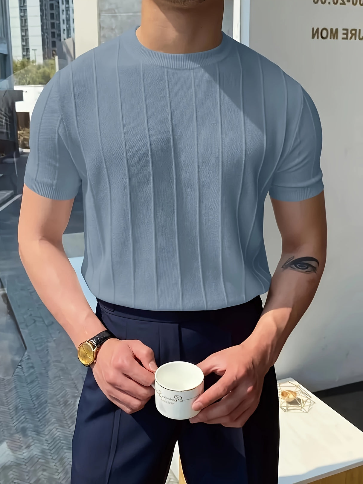Solid Crew Neck Knitted Short Sleeve Sweater For Men, Casual Summer T-Shirt For Daily Wear And Vacation Resorts
