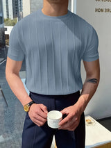 Solid Crew Neck Knitted Short Sleeve Sweater For Men, Casual Summer T-Shirt For Daily Wear And Vacation Resorts