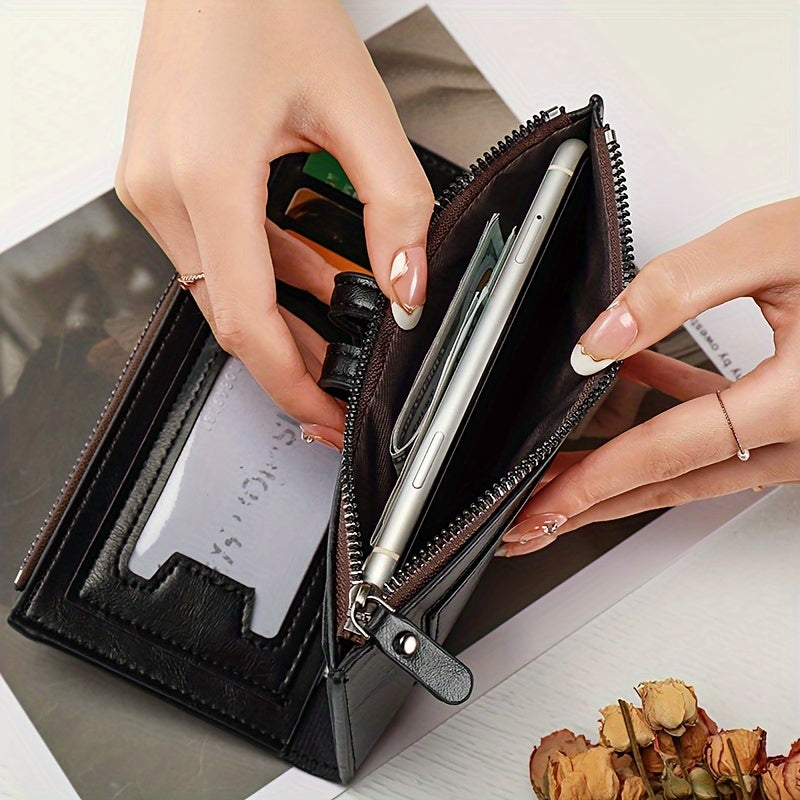 Double Zipper Long Wallet, Foldable PU Leather Coin Purse, Multi Card Slots Clutch Bag
