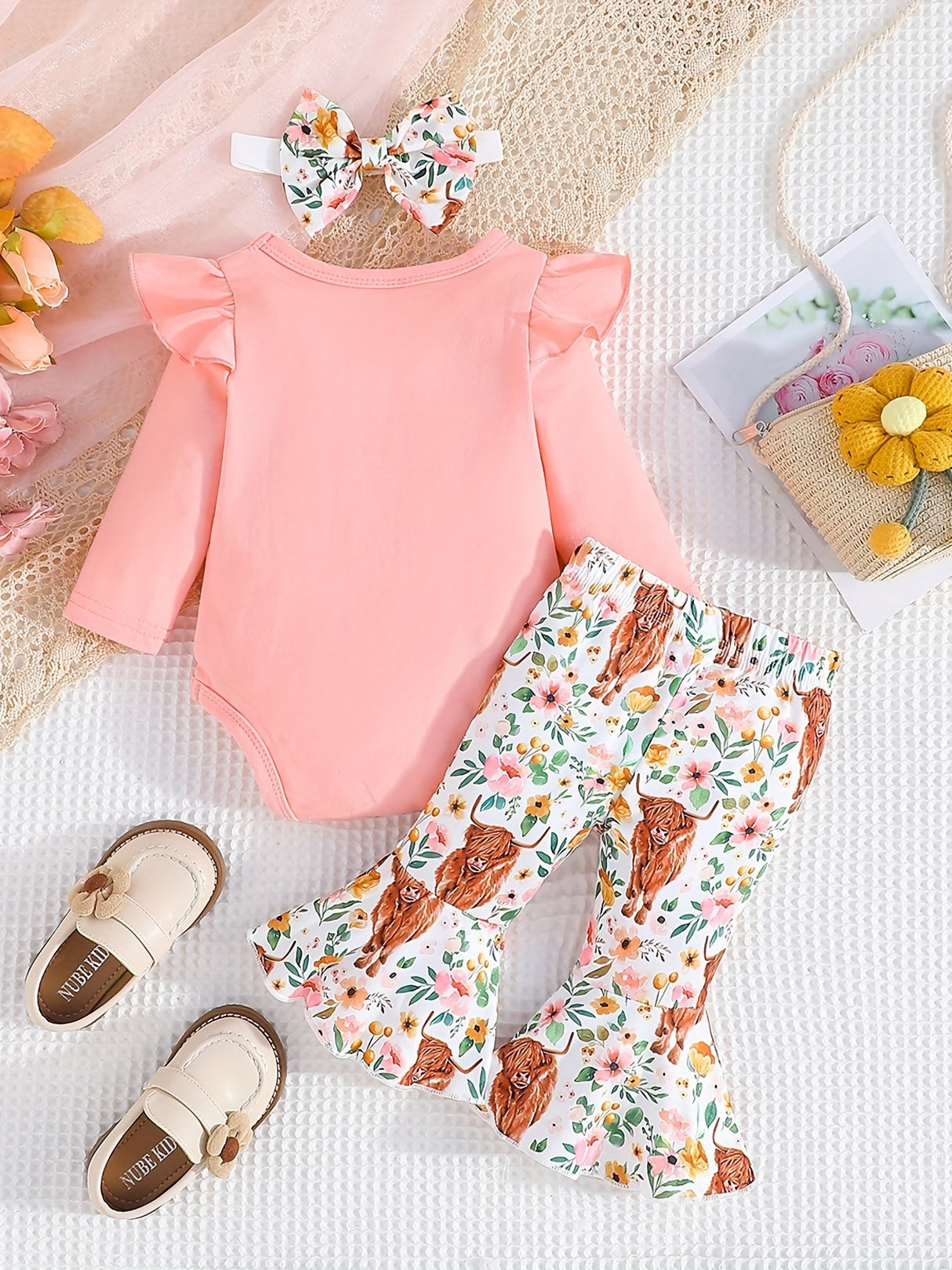 Cozy Cotton Blend Baby Girl 3-Piece Set - Cow Print, Long Sleeve, Bow Accents for Fall/Winter