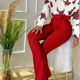 Two-piece Set, Comfy Floral Print Blouse with Button Front & Wide Leg Solid Pants, Casual Women's Clothing