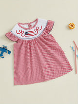Toddler Girls Patriotic 4th of July Dress with American Flag Embroidery, Ruffled Sleeves & Bow Detail - Red Gingham A-Line Cotton Blend Beach Party Outfit for Independence Day Celebrations, Little Girls Outfit Sets
