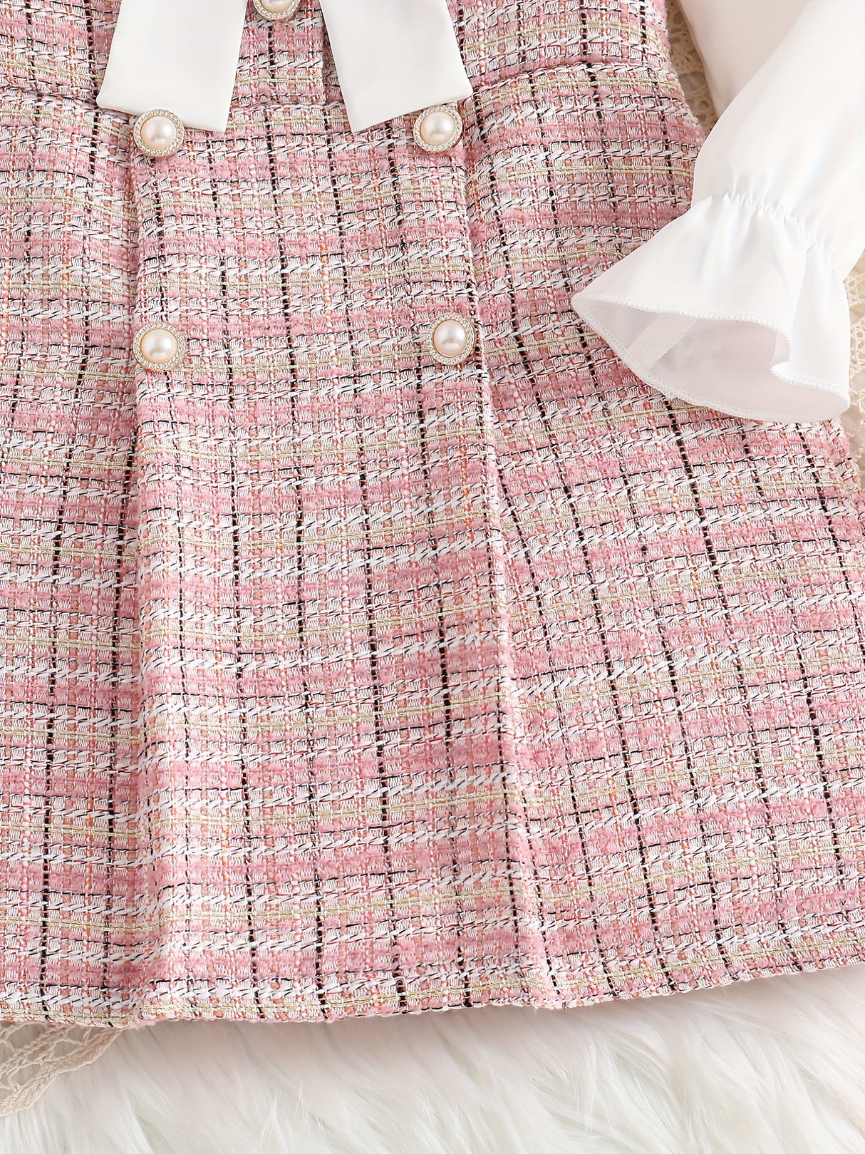 Girl's Elegant 2pcs, Long Sleeve Shirt & Knitted Dress Set, Bowknot Decor Plaid Pattern Casual Outfits, Kids Clothes For Spring Autumn