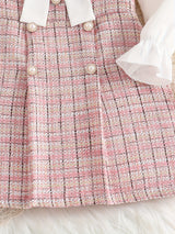 Girl's Elegant 2pcs, Long Sleeve Shirt & Knitted Dress Set, Bowknot Decor Plaid Pattern Casual Outfits, Kids Clothes For Spring Autumn