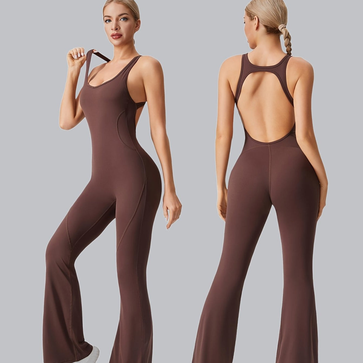 [Removable Padded Bra Workout Jumpsuits] Women Workout Fashion Flare Sleeveless Jumpsuits with Removable Padded Bra Hight Stretch Sportswear for Outdoor Activities (Black Brown Linen Dark blue)