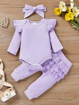 Baby Girl Clothes Newborn Romper Long Sleeve Infant Outfits 3pcs Ruffle Tops + Pants + Headband 0-18 Months, Infant Fall Wear | Bow Adorned Outfit | Soft Newborn Clothes, Newborn Girl Clothes, Perfect for Outdoor