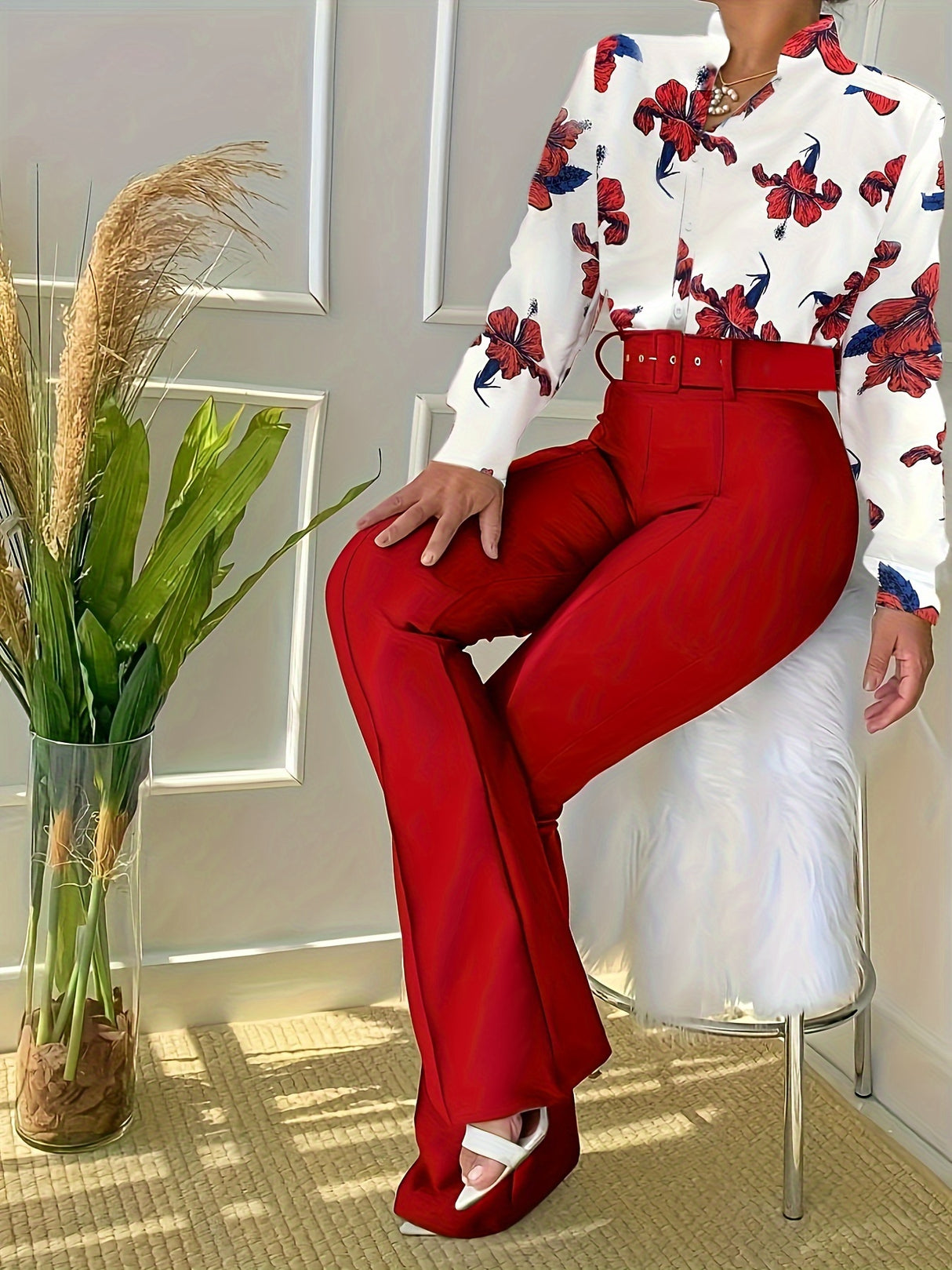 Two-piece Set, Comfy Floral Print Blouse with Button Front & Wide Leg Solid Pants, Casual Women's Clothing