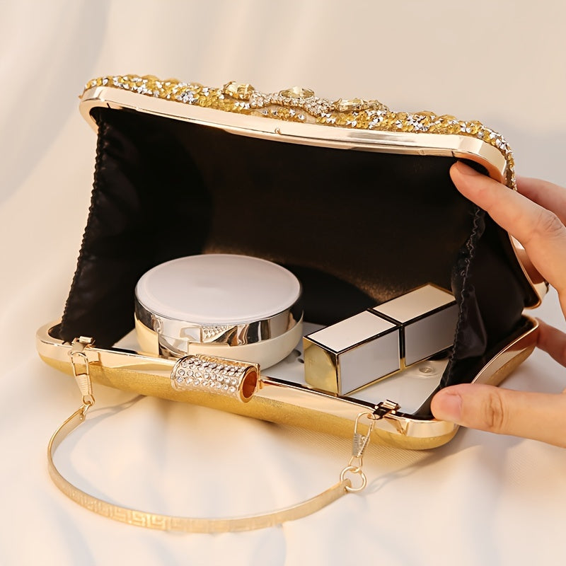 Vintage Glamour Ladies' Cocktail Clutch Bag - Sparkling Rhinestones, PU Leather, Optional Chain Shoulder Strap, Stylish Party Prom Handbag with Classic Design and Timeless Elegance