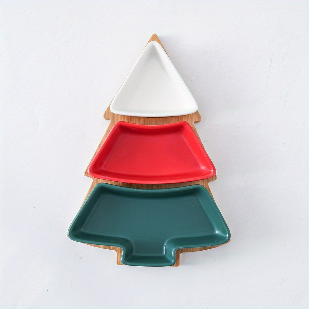 1set, Ceramic Breakfast Tray, Christmas Tree Shaped Plates Chip & Dip Set, Christmas Ceramic Snack Plate With Bamboo Tray, Removable Porcelain Tree Appetizer Dessert Fruit Salad Saucers Bowl, Cutlery Platter Serving Dish