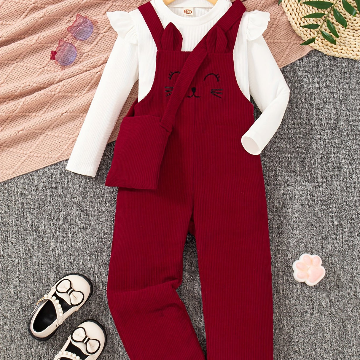 3PCS Flutter Trim Long Sleeve Top + Embroidery Jumpsuit Romper + Bag Set Kids Clothes For Girls Spring Fall Gift