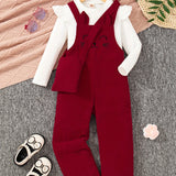 3PCS Flutter Trim Long Sleeve Top + Embroidery Jumpsuit Romper + Bag Set Kids Clothes For Girls Spring Fall Gift