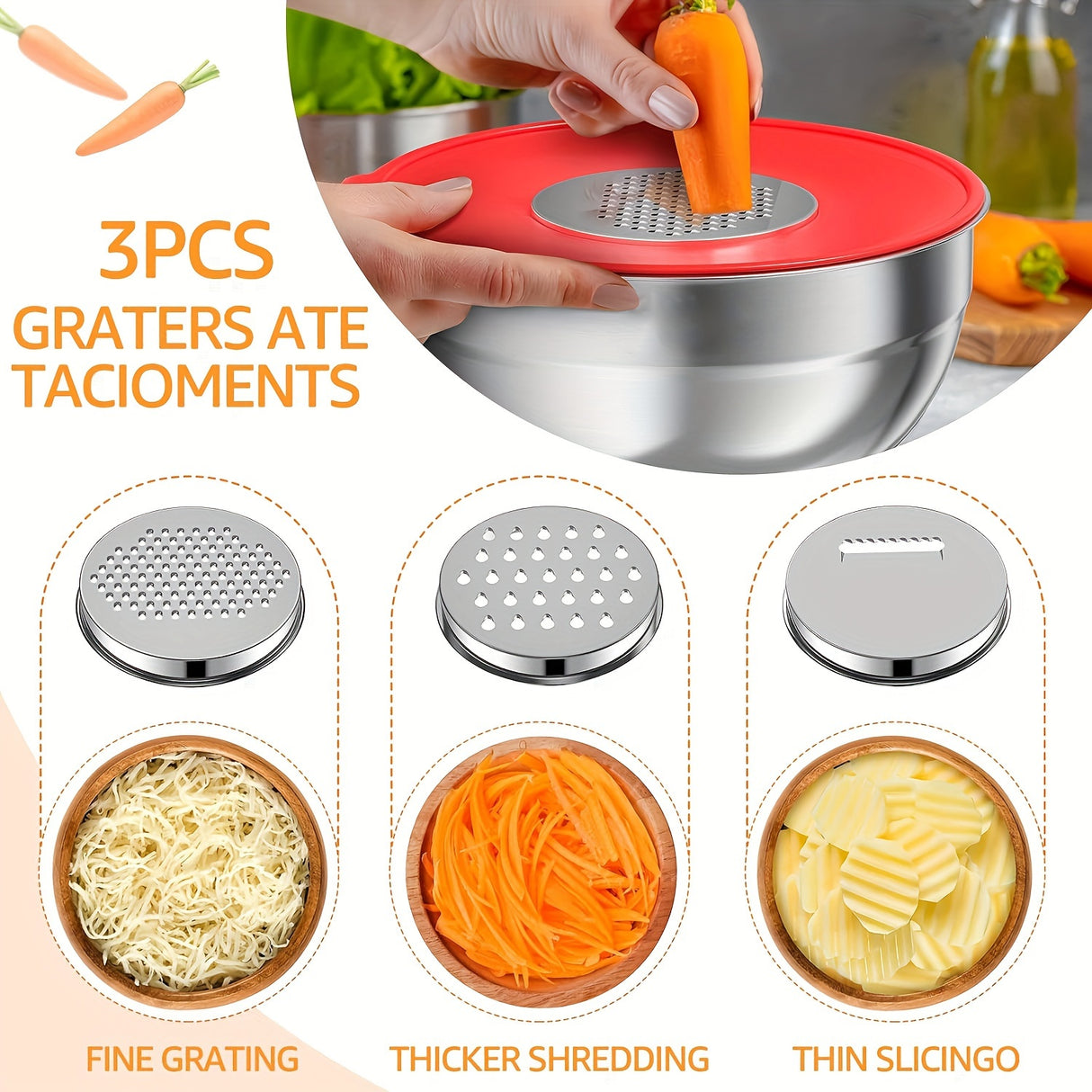 Mixing Bowls With Colorful Airtight Lids, 6 Piece Stainless Steel Metal Bowls With 3 Grater Attachments, Size 4.2, 3.5, 2.5, 2, 1, 0.67QT