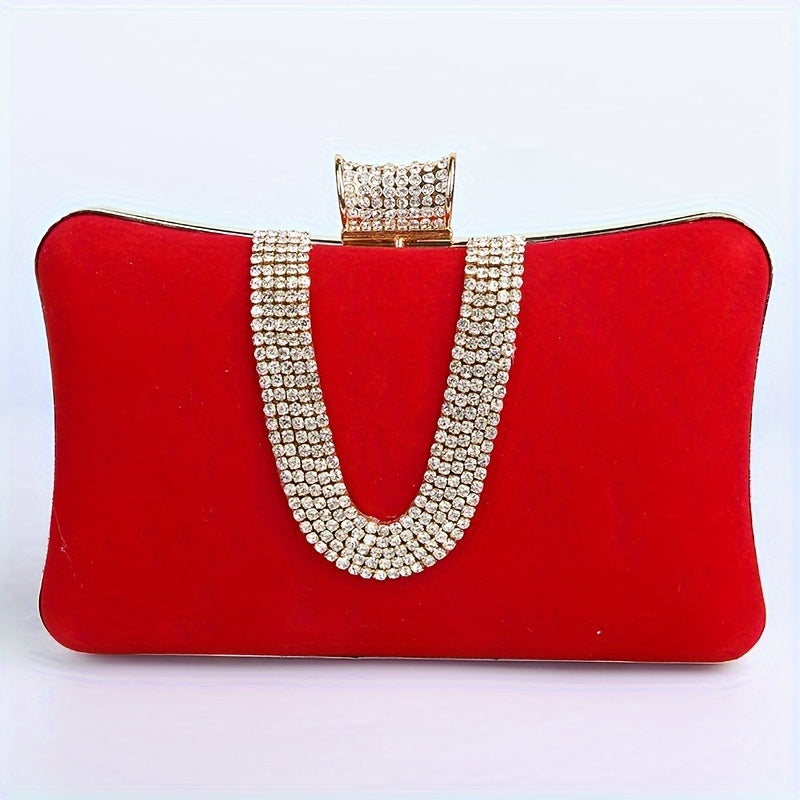 Luxurious Large Capacity U-Shaped Rhinestone Clutch Bag - Sparkling Evening Bag with Buckle Closure, Polyester Lining, and Solid Color Pattern - Perfect for Banquet and Formal Occasions
