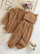 Double-sided Fleece 3pc Sets Toddler Girls Open Fron Jacket & Cami Tank Top & Jogger Pants Kids Clothes For Fall Winter Party