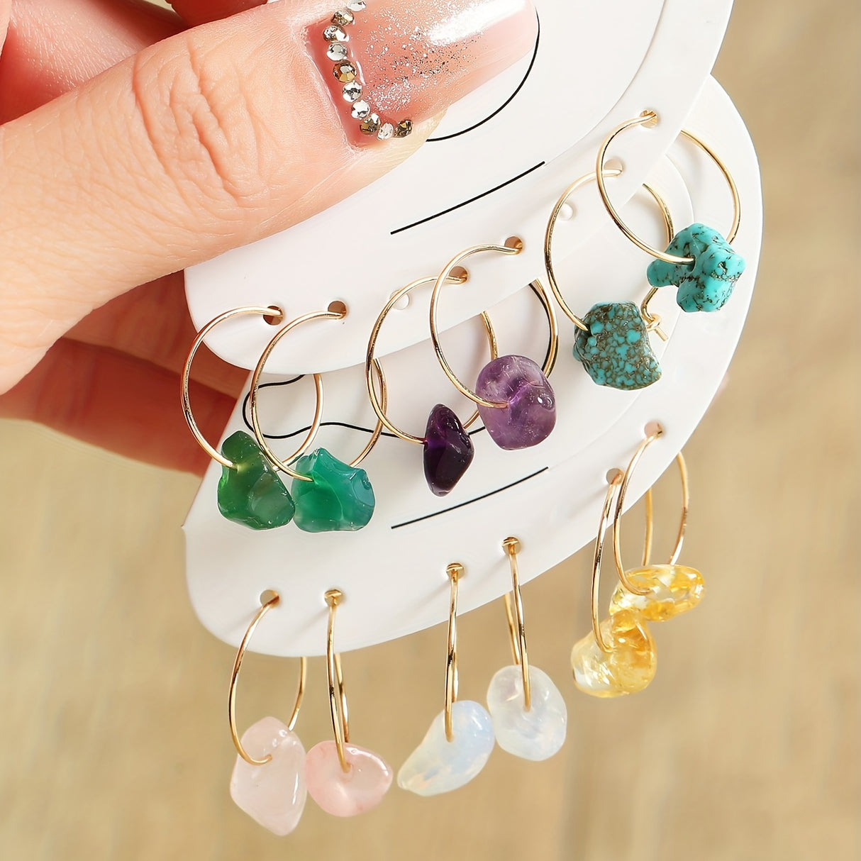 6 Pairs Natural Raw Stone Hoop Earrings Elegant Vocational Temperament Creative Exquisite Gift For Women Personality Jewelry
