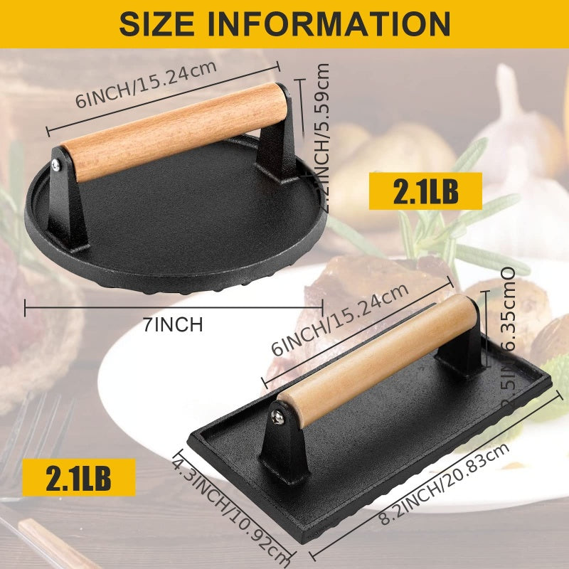 Cast Iron Grill Press for Perfectly Seared, Steak & Sandwiches | Equalized Weight Distribution | Food-Grade Press with Wood Handle |Round | Square