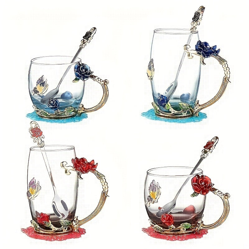 Elegant Ramadan Rose Enamel Glass Tea Cup with Spoon - BPA-Free, Crystal-Embellished Mug for Hot Drinks, Ideal Gift