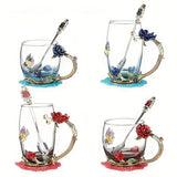 Elegant Ramadan Rose Enamel Glass Tea Cup with Spoon - BPA-Free, Crystal-Embellished Mug for Hot Drinks, Ideal Gift