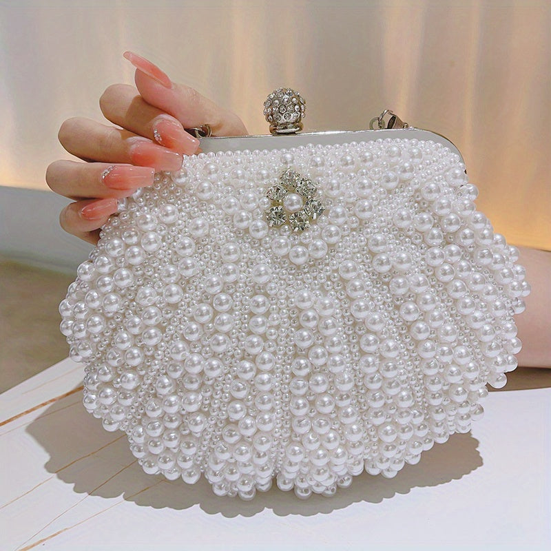 Shiny Event Clutch Bag, Buckle Metal Chain Handbag, Floral Handle Party Bag For Wedding