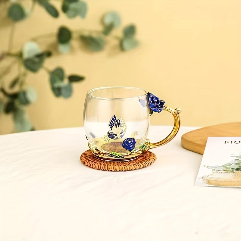 1pc, Exquisite Rose Enamel Butterfly Tea Cup - Heat Resistant, Clear Glass, Painted Flower Design, Elegant Coffee Mug, Tumbler, Ideal Breakfast Drinking Glass, Perfect Gift for Tea Lovers