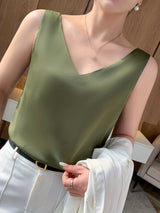 Elegant Summer V-Neck Tank Top for Women: Chic Sleeveless, Sexy Slingback Design, Polyester-Spandex Blend