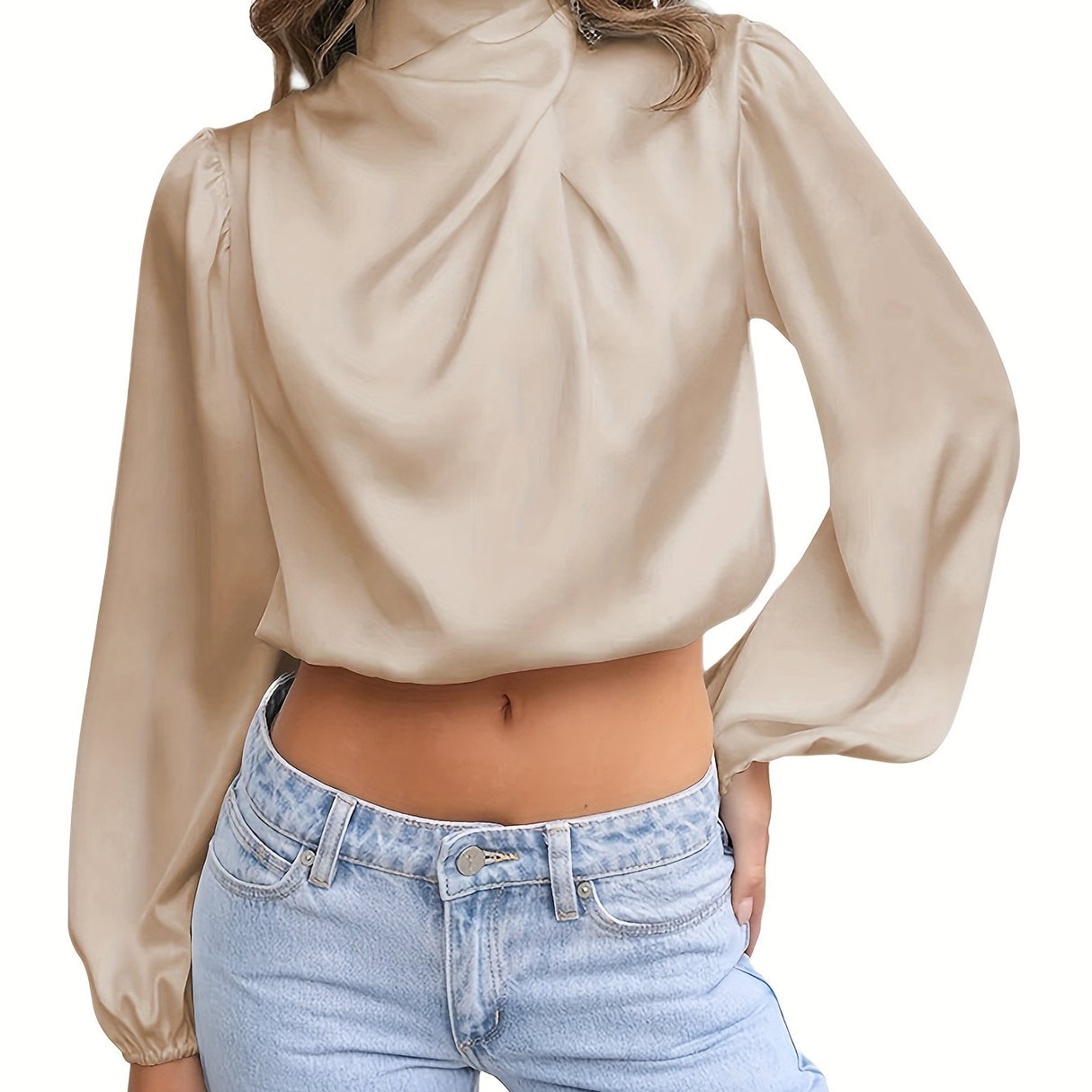 Women Satin Blouses Dressy Cowl Neck Long Sleeve Crop Tops