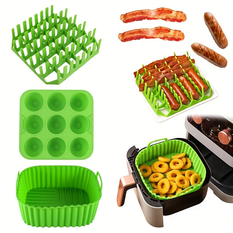 [9-Cavity Cake Mold Air Fryer Set] 1set, Premium Square Air Fryer Silicone Set - Bacon & Hot Dog Rack, 9-Cavity Cake Mold, Air Fryer Pan - BPA-Free, Dishwasher Safe - Compatible With 7QT+ Air Fryers