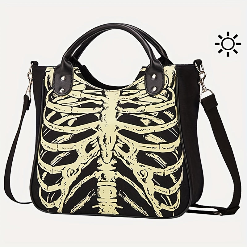 Halloween Skeleton Print Handbag, Luminous Horror Night Canvas Crossbody Bag, Gothic Ghost Skull Elf Tote Bag - Perfect for Carnival Mardi Gras Music Festival