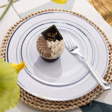 500 Pcs Golden Plastic Plates with Golden Silverware, White Golden Plastic Dinnerware Set for Party include: 100 Dinner Plates 10.25 inch, 100 Dessert Plates 7.5 inch, 100 Golden Silverware Sets