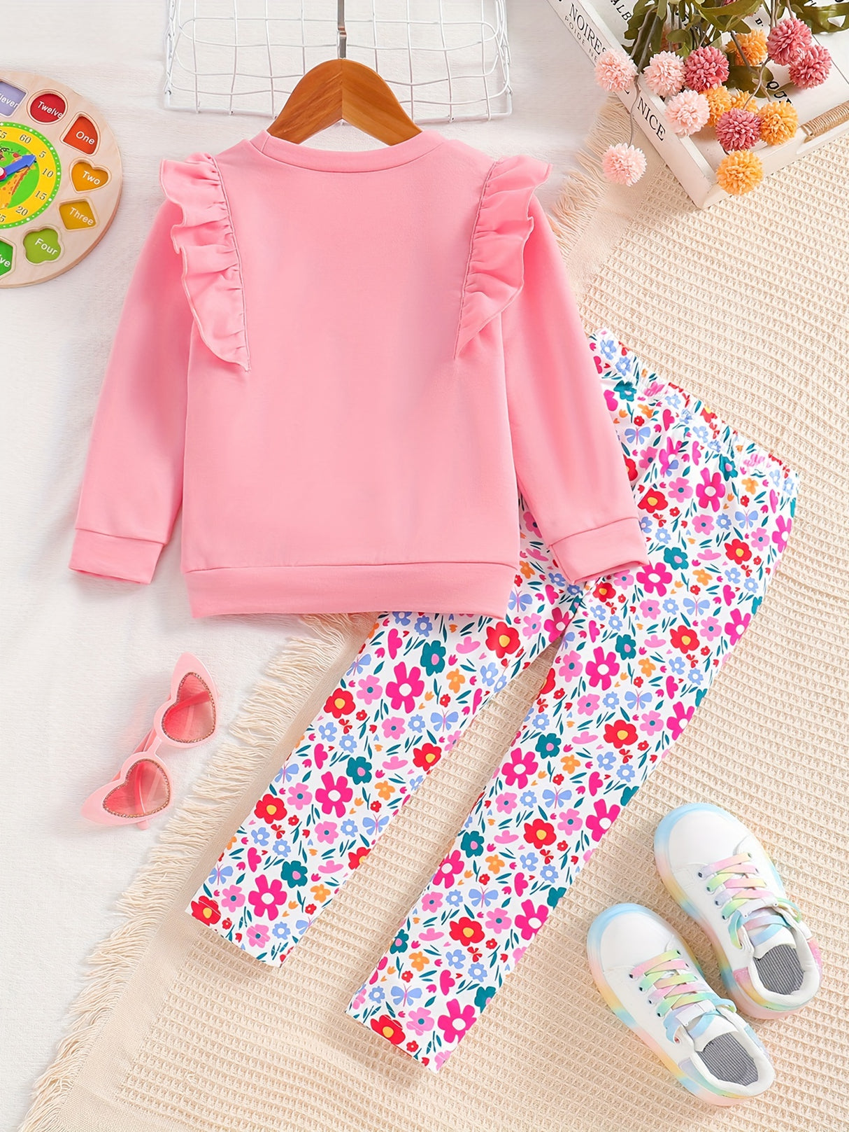 Girls 2pc, Flutter Trim Long Sleeve Pullover + Flora Pants Kids Clothes For Spring Fall