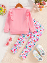 Girls 2pc, Flutter Trim Long Sleeve Pullover + Flora Pants Kids Clothes For Spring Fall