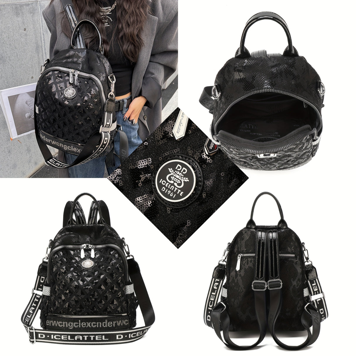 Fashion Sequin Women's Backpack - PU Leather, Large Capacity Casual Daypack with Adjustable Straps, Zip Closure, Polyester Lined, Solid Color, Guangzhou - Versatile Travel and School Bag