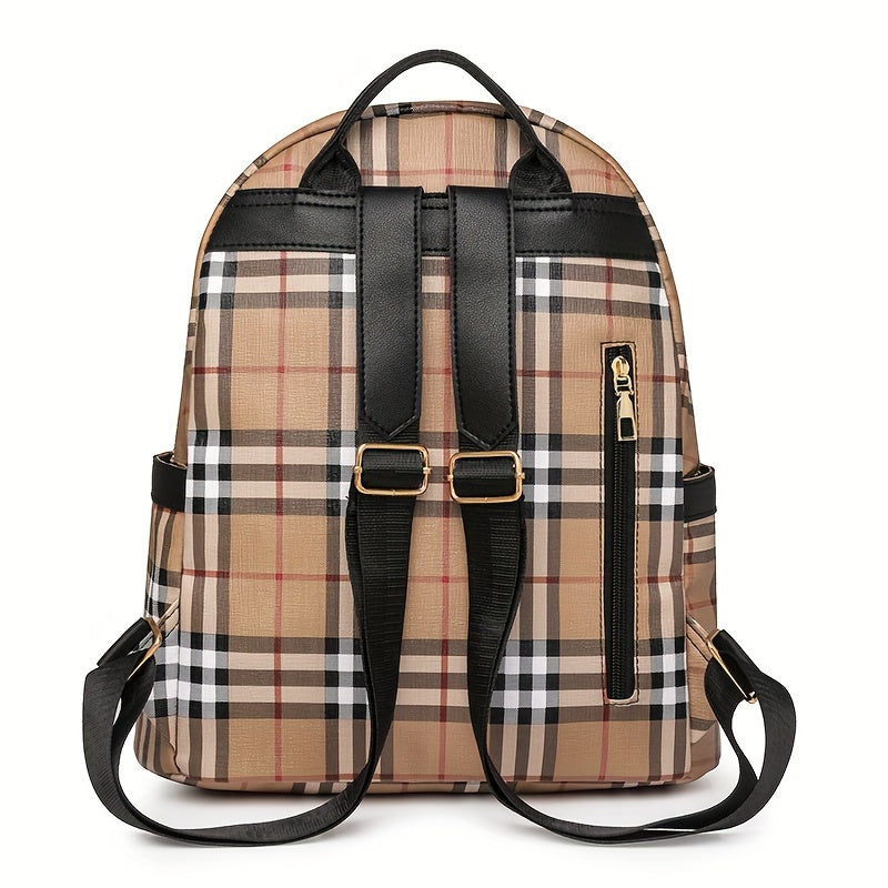 Vintage Plaid PU Material Women's Backpack With Adjustable Straps And Zipper Closure, Casual Style Large Capacity Travel School Bag