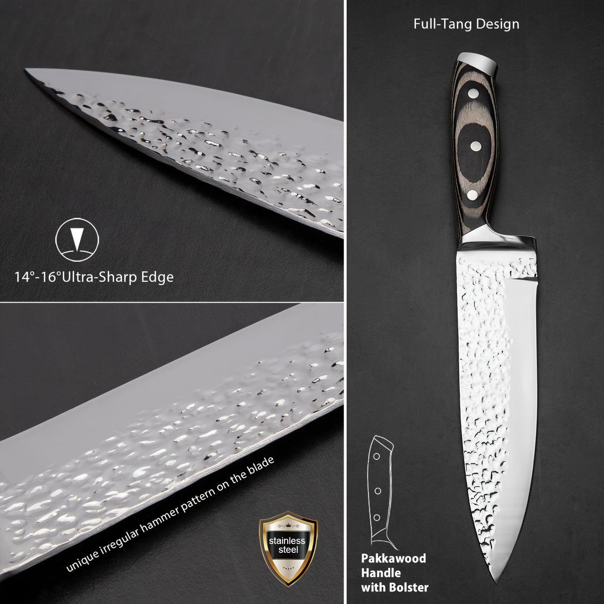 15-Piece Premium Kitchen Knife Set - Ultra Sharp High Carbon Japanese Stainless Steel Full-Tang Design with Irregular Hammer Pattern and Wooden Block Storage - Durable, Rust-Resistant, and Easy to Clean