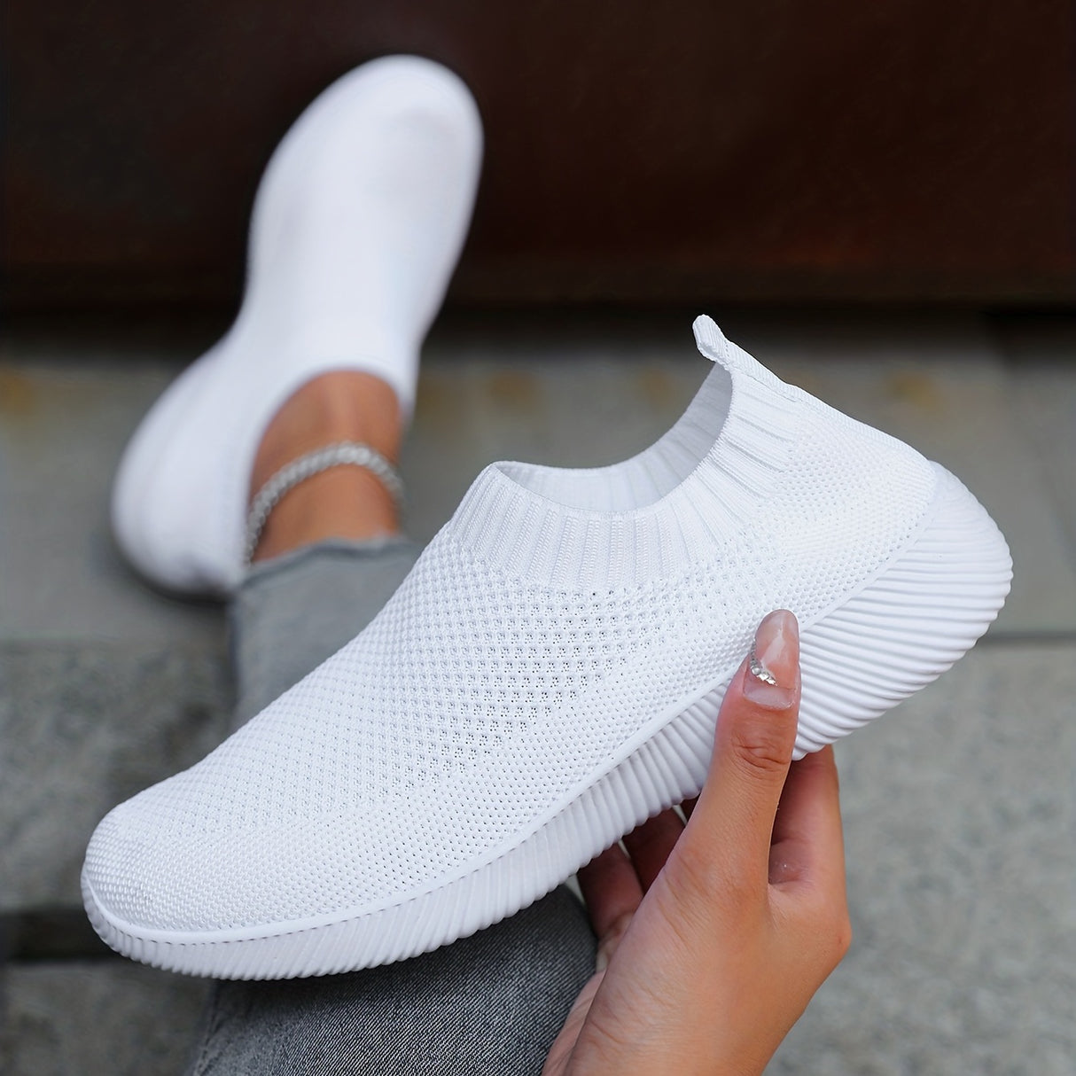 Women's Solid Color Flying Woven Sneakers, Casual & Breathable Slip On Outdoor Shoes, Lightweight Low Top Running Shoes plus size