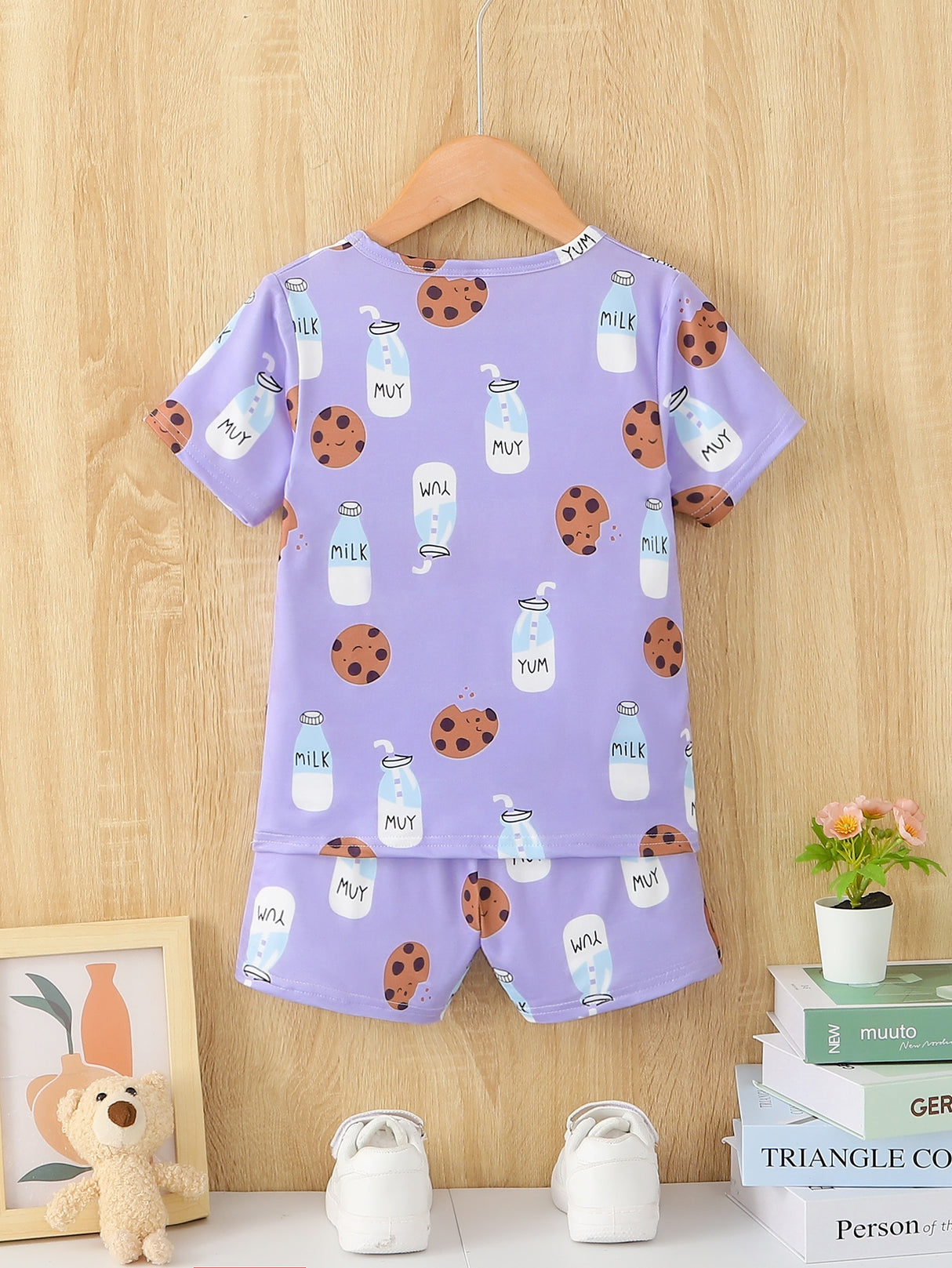 Boys Cartoon Biscuit And Milk Outfit Shorts & T-shirt Short Sleeves Crew Neck Casual Summer Kids Clothes