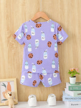 Boys Cartoon Biscuit And Milk Outfit Shorts & T-shirt Short Sleeves Crew Neck Casual Summer Kids Clothes
