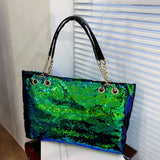 Large Capacity Sequin Glitter Tote Bag - Sparkly Bling Metal Chain Shoulder Bag with Fixed Straps, Polyester Lining, and Zipper Closure - Perfect Casual Commuter Bag for Carnaval and Everyday Use, Great Gift Idea