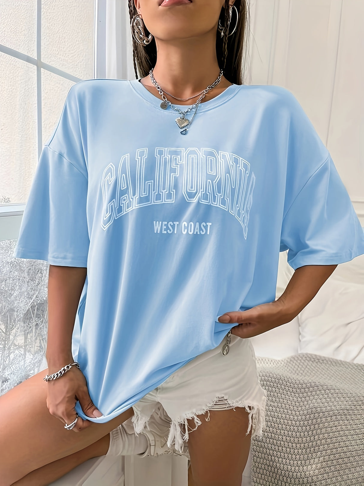 Alphabets Print Crew Neck T-Shirt - Soft Mid-Elasticity Polyester Fabric, Regular Length, Machine Washable, Casual Summer Top for Women - Perfect for Spring and Summer Outings