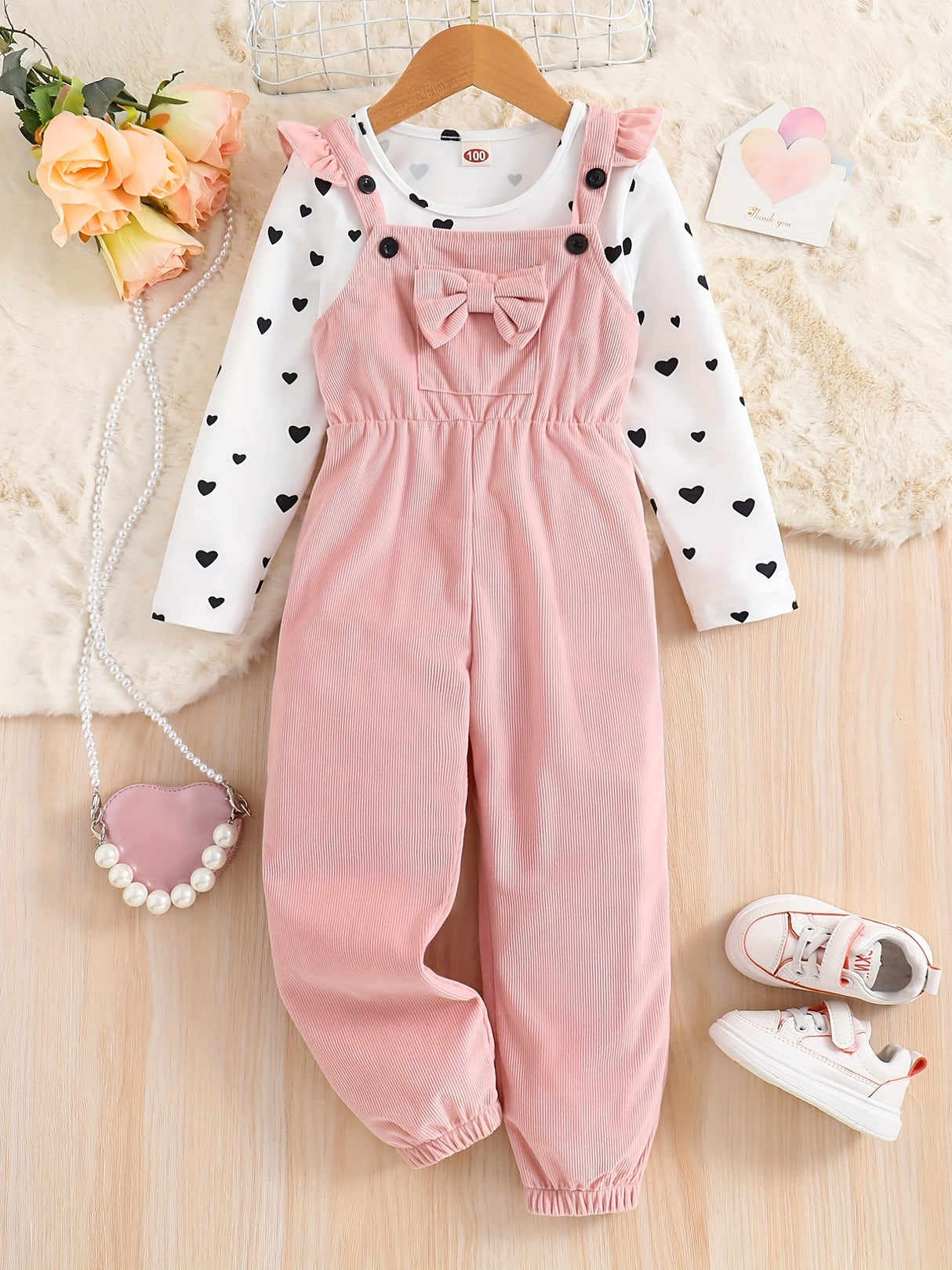 Girl's 2pcs, Bowknot Decor Corduroy Overalls & Heart Allover Print Top Set, Casual Outfits, Kids Clothes For Spring Fall