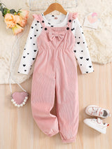 Girl's 2pcs, Bowknot Decor Corduroy Overalls & Heart Allover Print Top Set, Casual Outfits, Kids Clothes For Spring Fall