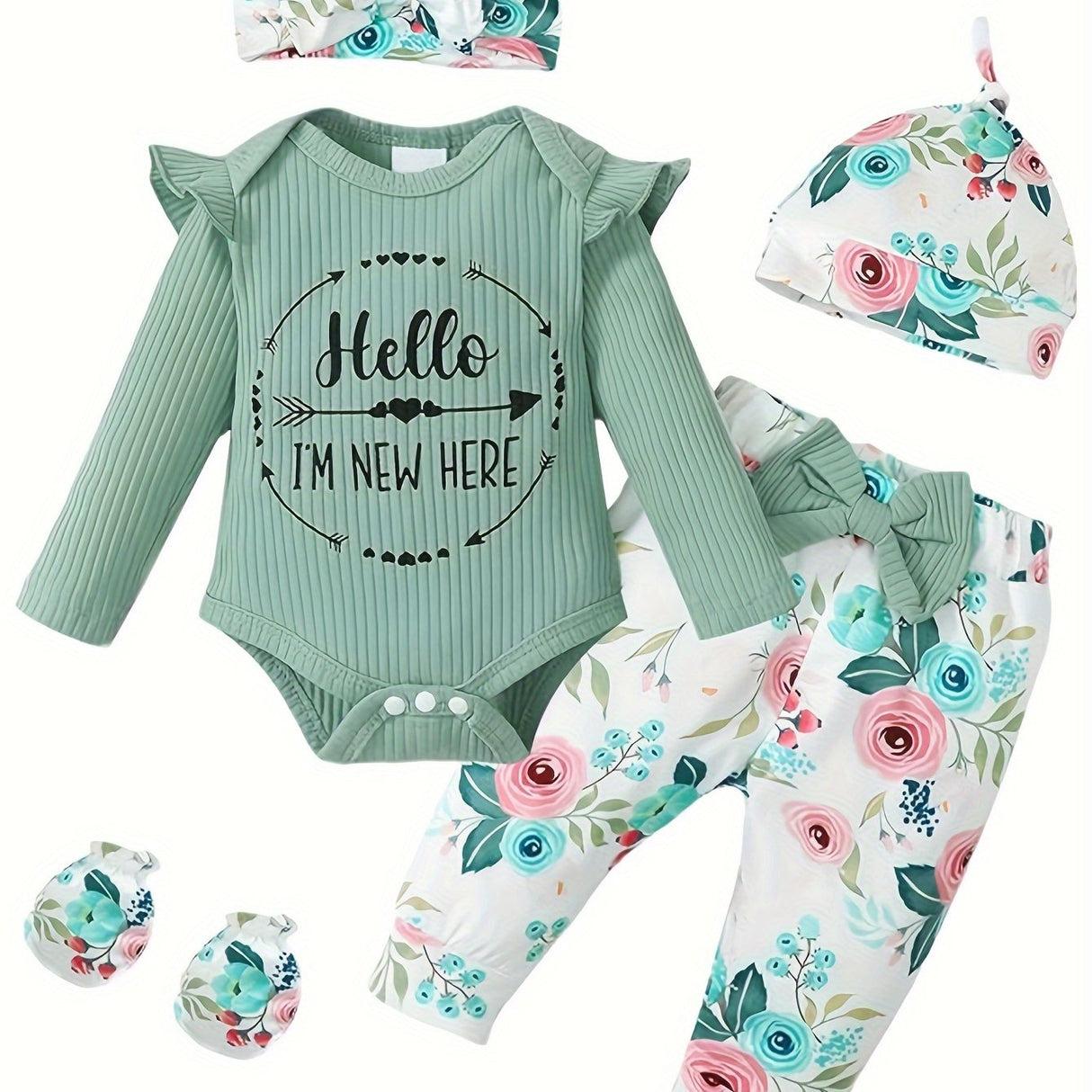 Newborn Baby Girl Clothes Hello I'm New Here Letter Romper+Floral Pants+Hat+Headband+Gloves Coming Home Outfits